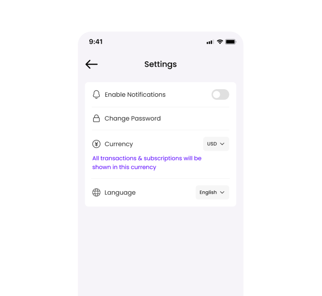 Choose currency screen